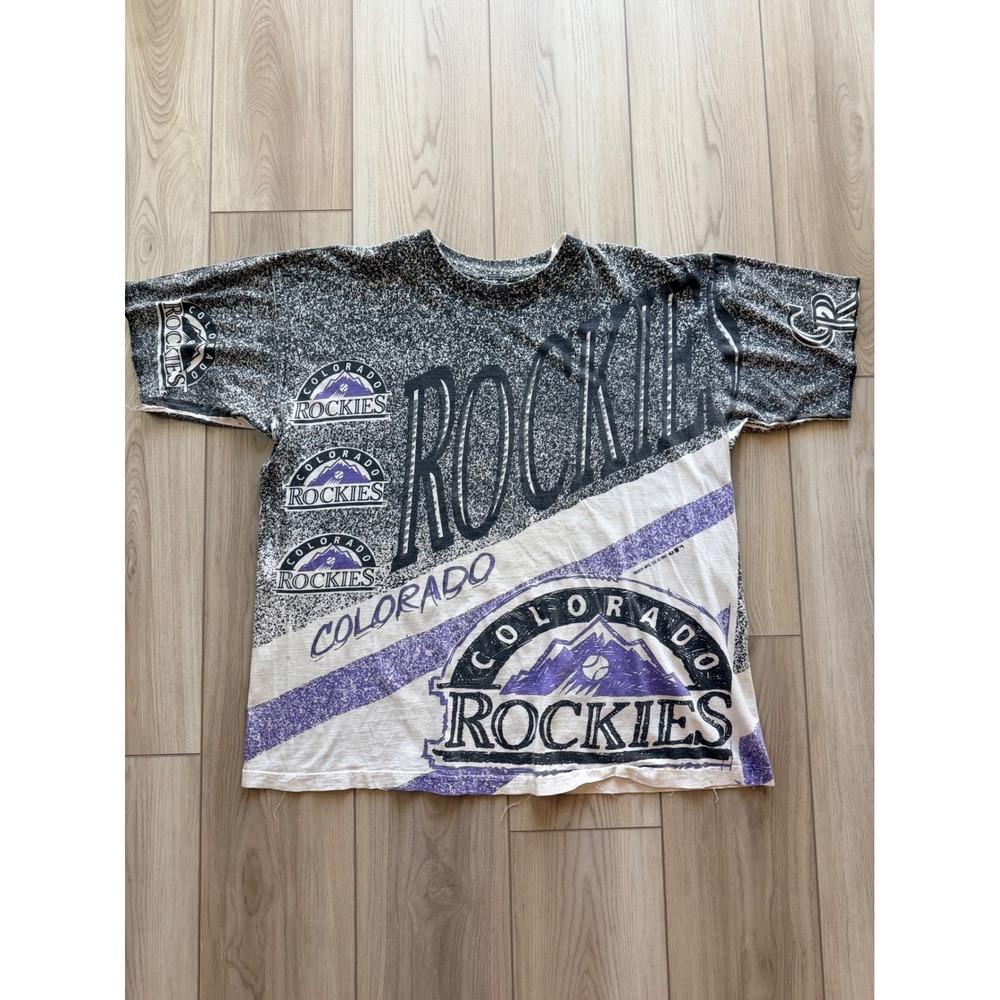 1991 Vintage Trench Colorado Rockies T-Shirt Men Large Black Purple AOP MLB